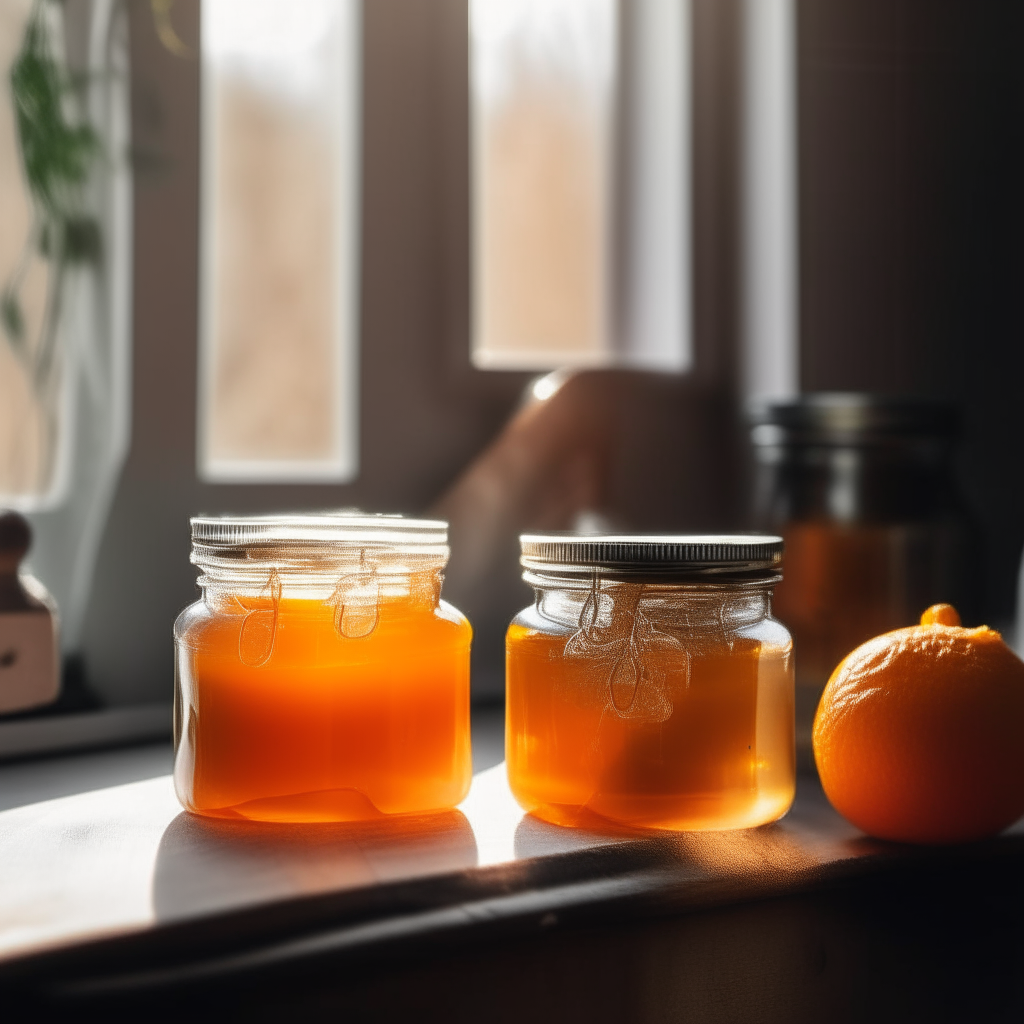 Two jars with metal lids containing orange tangerine jelly on a wooden table in a rustic kitchen with pendant lights overhead bright, clear studio lighting razor sharp focus