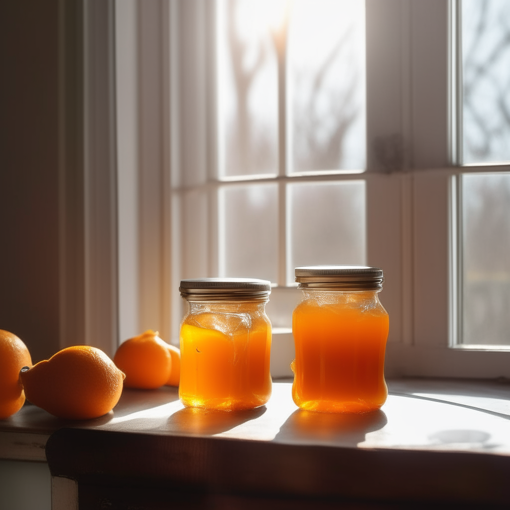 Two tall glass jars with metal lids containing orange tangerine jelly on a wooden table next to a large window in a farmhouse kitchen bright, clear studio lighting razor sharp focus