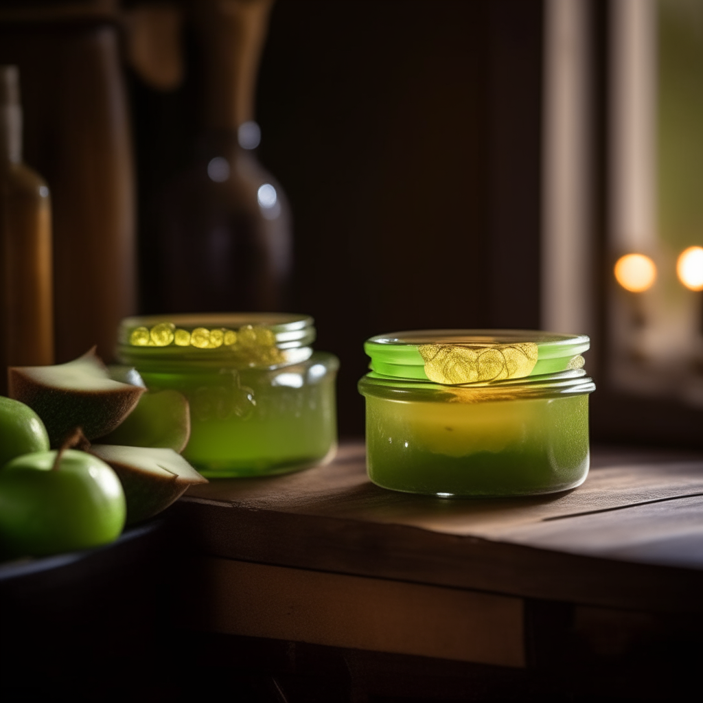 Two glass jars with green kiwi and apple gelée on a rustic wooden tray in a cozy farmhouse kitchen with soft golden lighting. The gelée glistens like jewels, showcasing vibrant natural colors. bright, clear studio lighting razor sharp focus