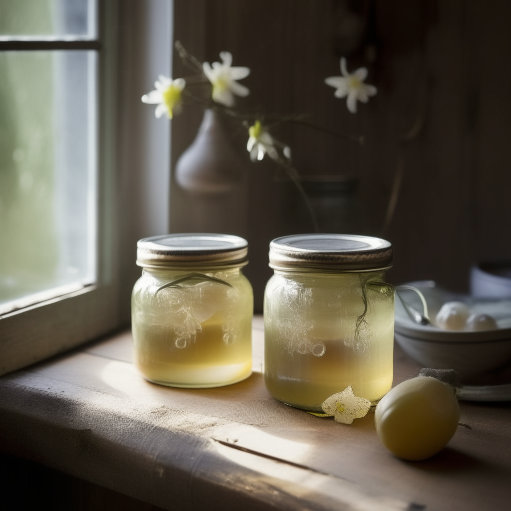 Two jars of elderflower and pear jelly on a weathered wooden table in a quaint farmhouse kitchen with soft diffused daylight. The jelly shimmers and glows with a delicate floral aroma. bright, clear studio lighting razor sharp focus