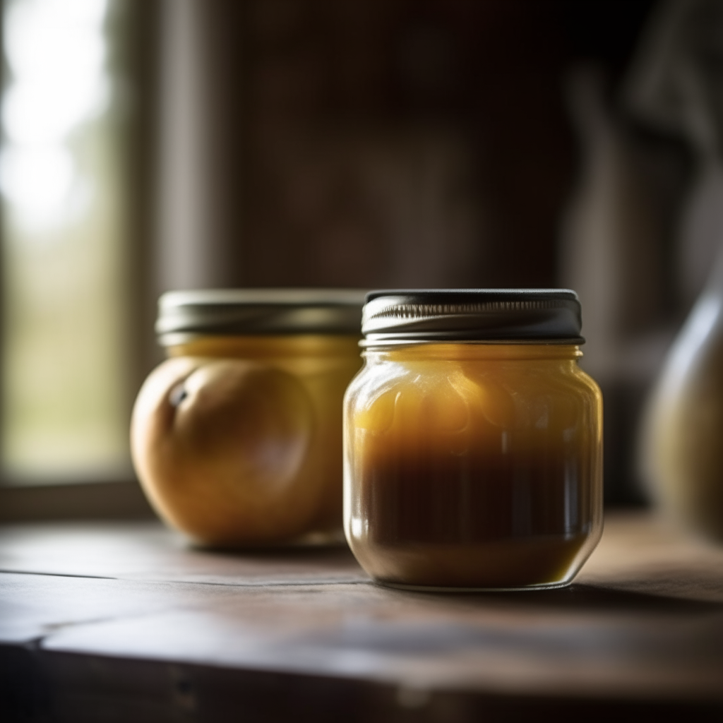 Two glass jars filled with golden brown apple maple butter on a wooden table in a rustic farmhouse kitchen with soft natural lighting streaming in bright, clear studio lighting razor sharp focus