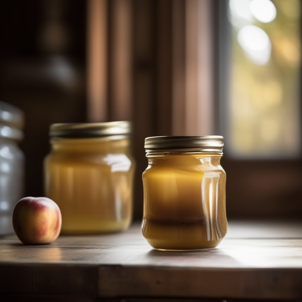 Two short wide glass jars filled with golden brown apple maple butter on a wooden table in a rustic farmhouse kitchen with soft natural lighting bright, clear studio lighting razor sharp focus