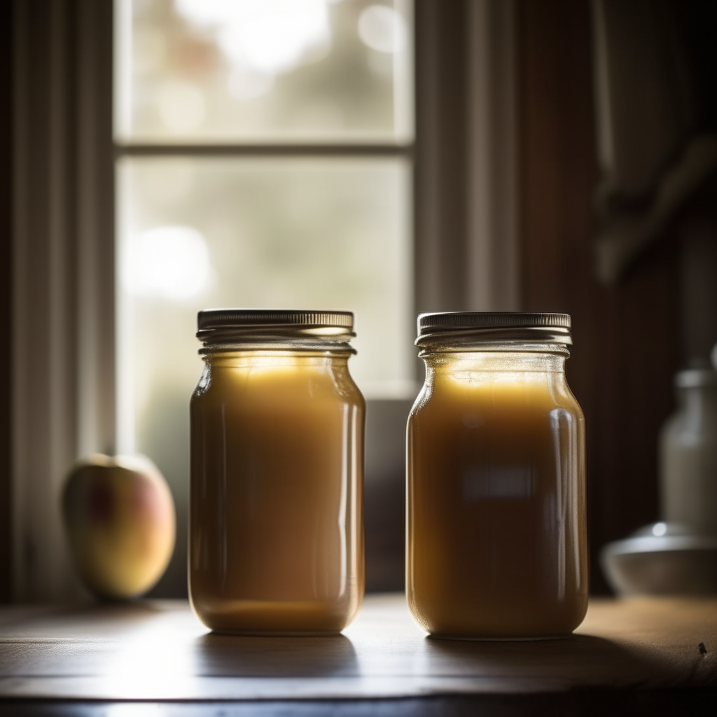 Two tall slender glass jars filled with golden brown apple maple butter on a wooden table in a rustic farmhouse kitchen with soft natural lighting bright, clear studio lighting razor sharp focus