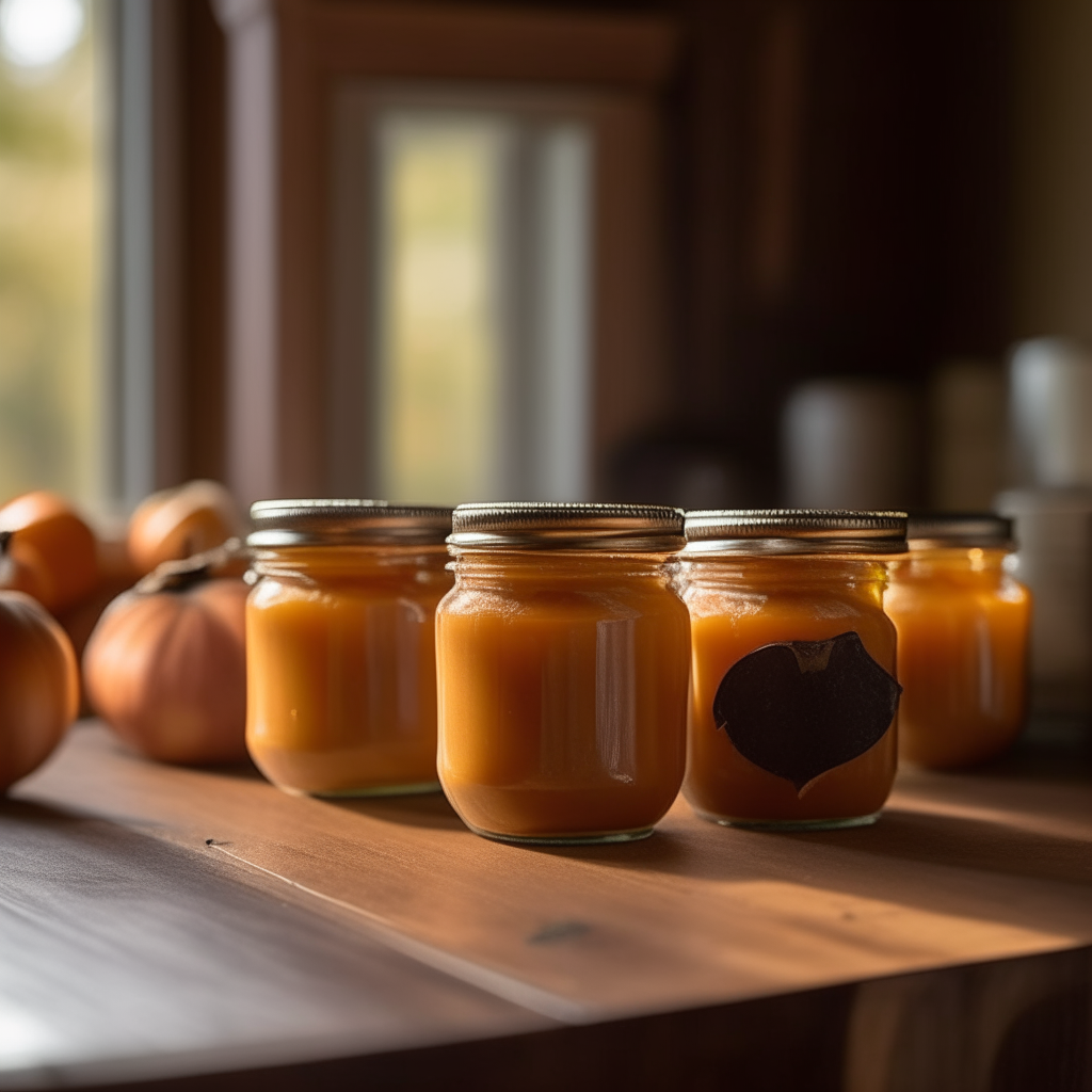 Five small glass jars with metal lids filled with pumpkin spice butter on a wooden table in a rustic farmhouse kitchen with soft lighting bright, clear studio lighting razor sharp focus