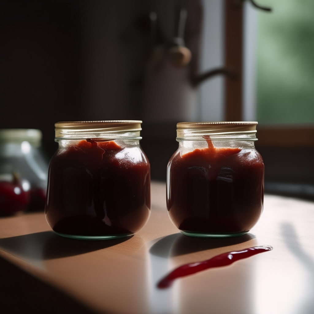 Two glass jars filled with cherry and almond butter on a wooden table in soft lighting bright, clear studio lighting razor sharp focus