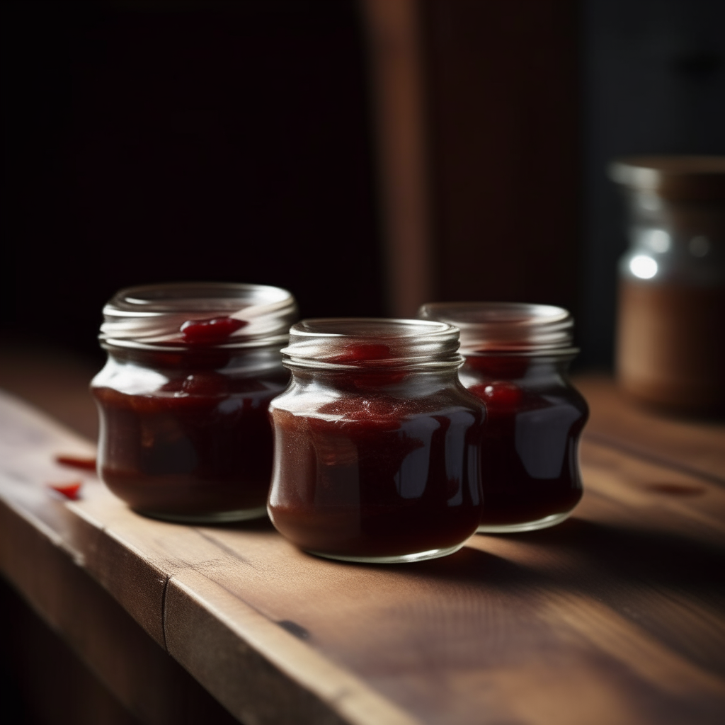 Three glass jars with cherry and almond butter on a rustic wooden table in soft lighting bright, clear studio lighting razor sharp focus