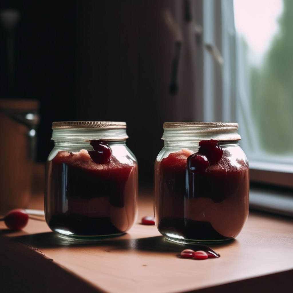 Two wide glass jars filled with cherry and almond butter on a wooden table in soft lighting bright, clear studio lighting razor sharp focus