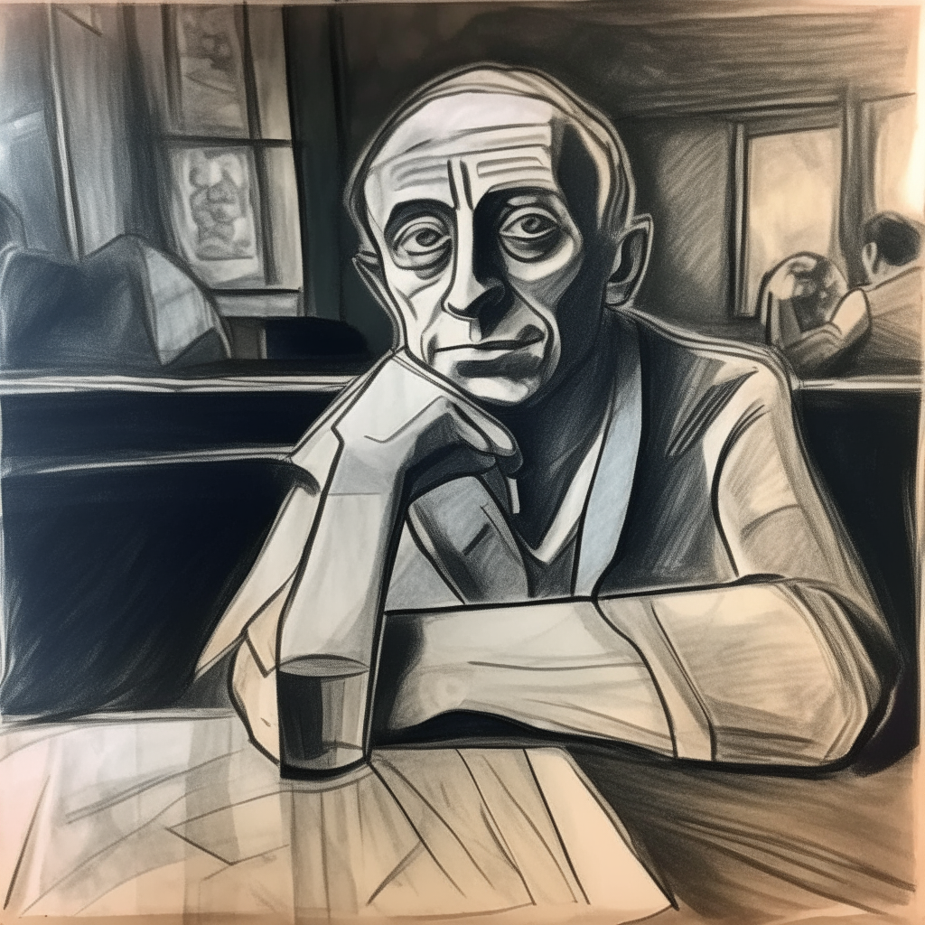 Picasso sitting in a bar. Drawing on a napkin