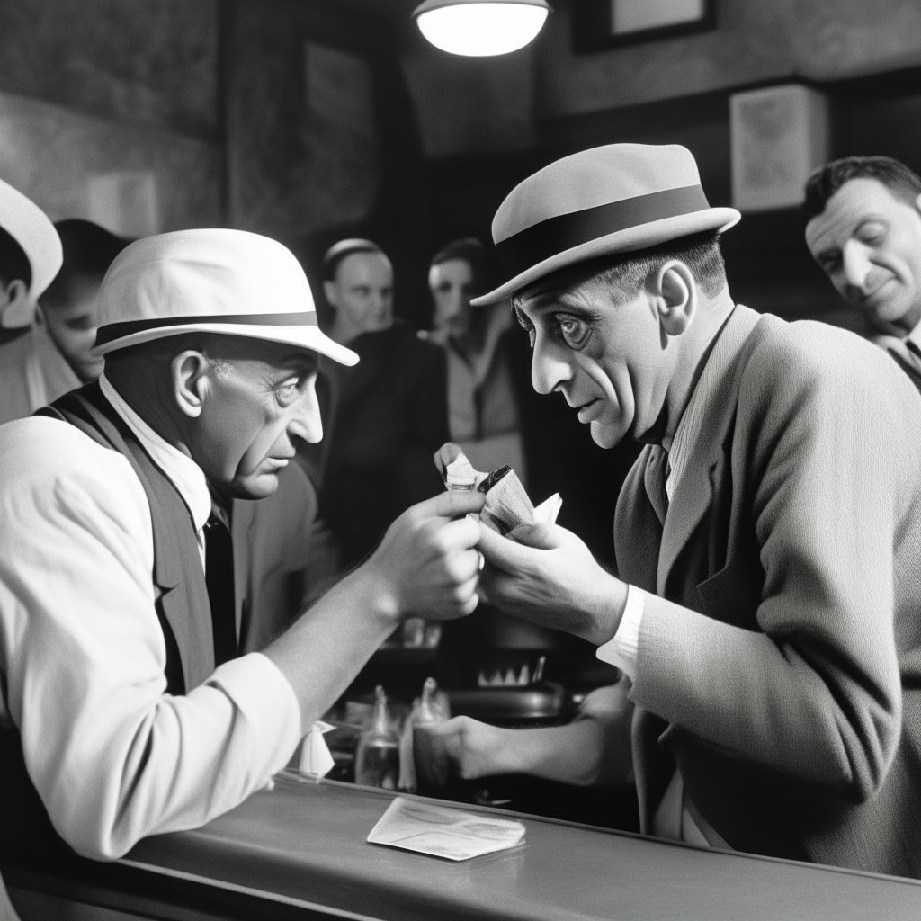 Picasso sitting at a bar hands over a napkin to a man