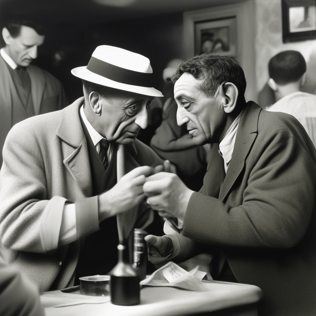 Picasso sitting at a bar hands over a napkin to a man. No hats. 