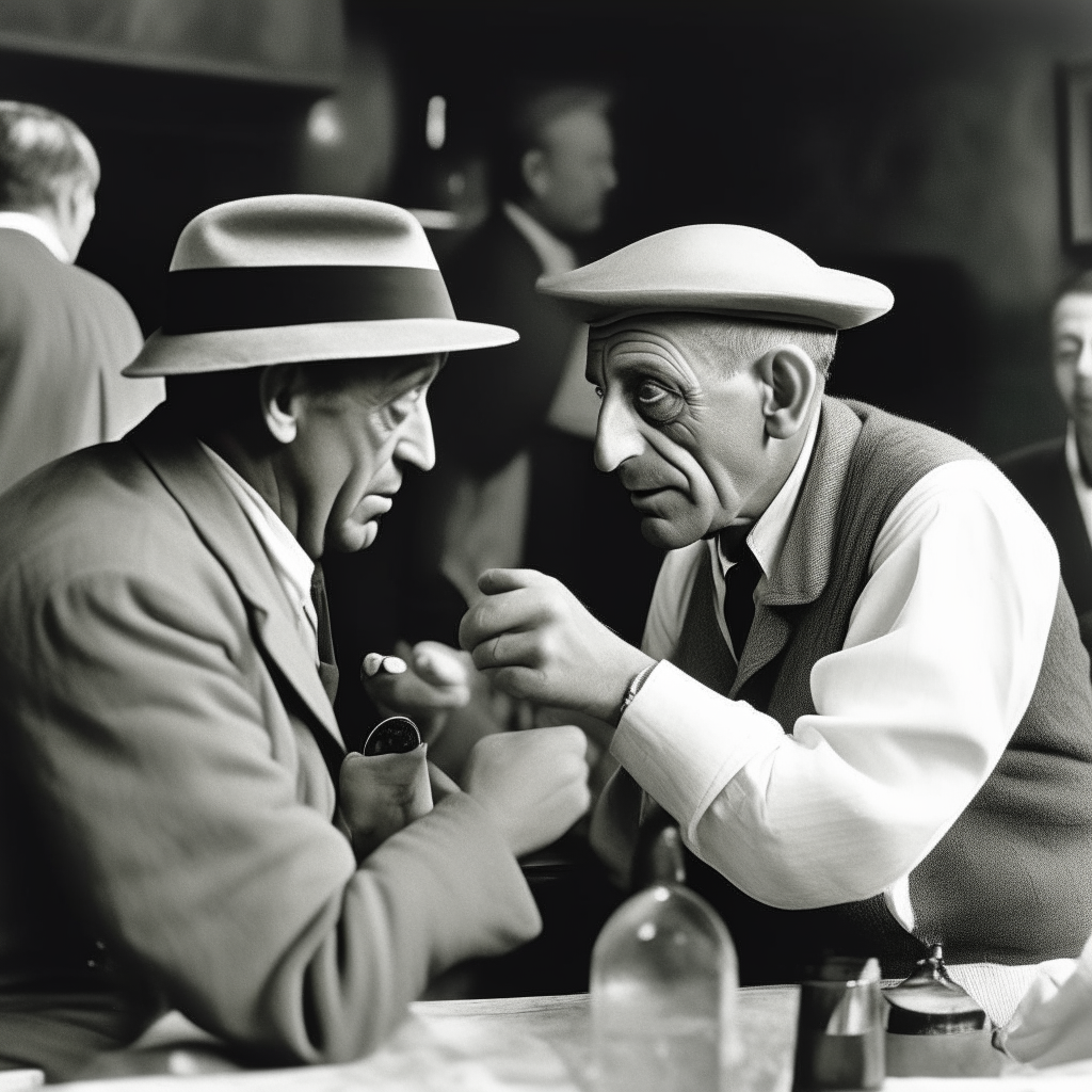 Picasso sitting at a bar hands over a napkin to a man. No hats on Picasso