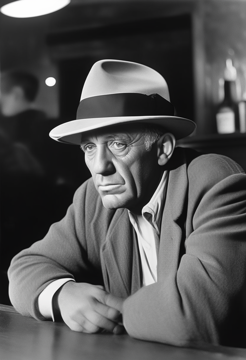 Picasso sitting at a bar wearing a hat