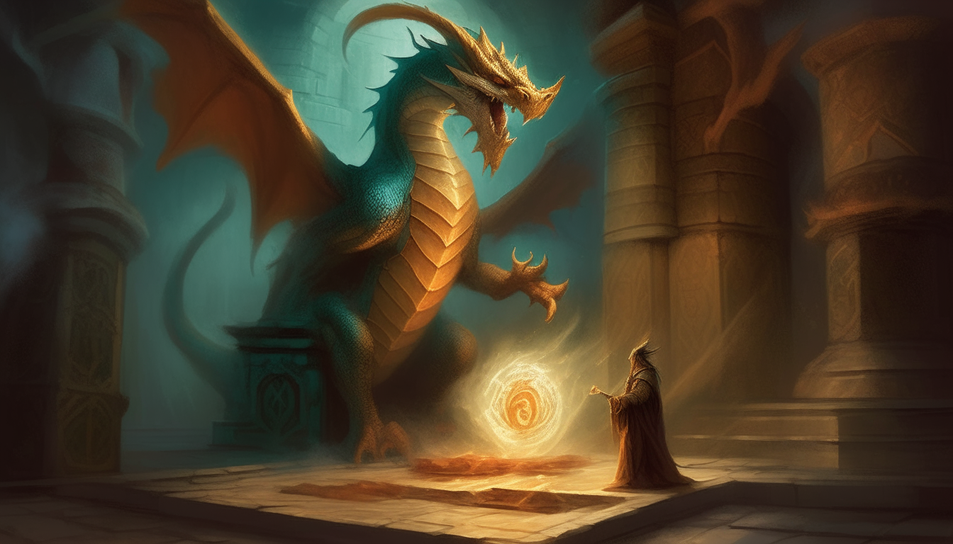 "The dragon joins him, placing a claw on the runes. Their combined touch unleashes an explosion of magic that shakes the walls of the temple."