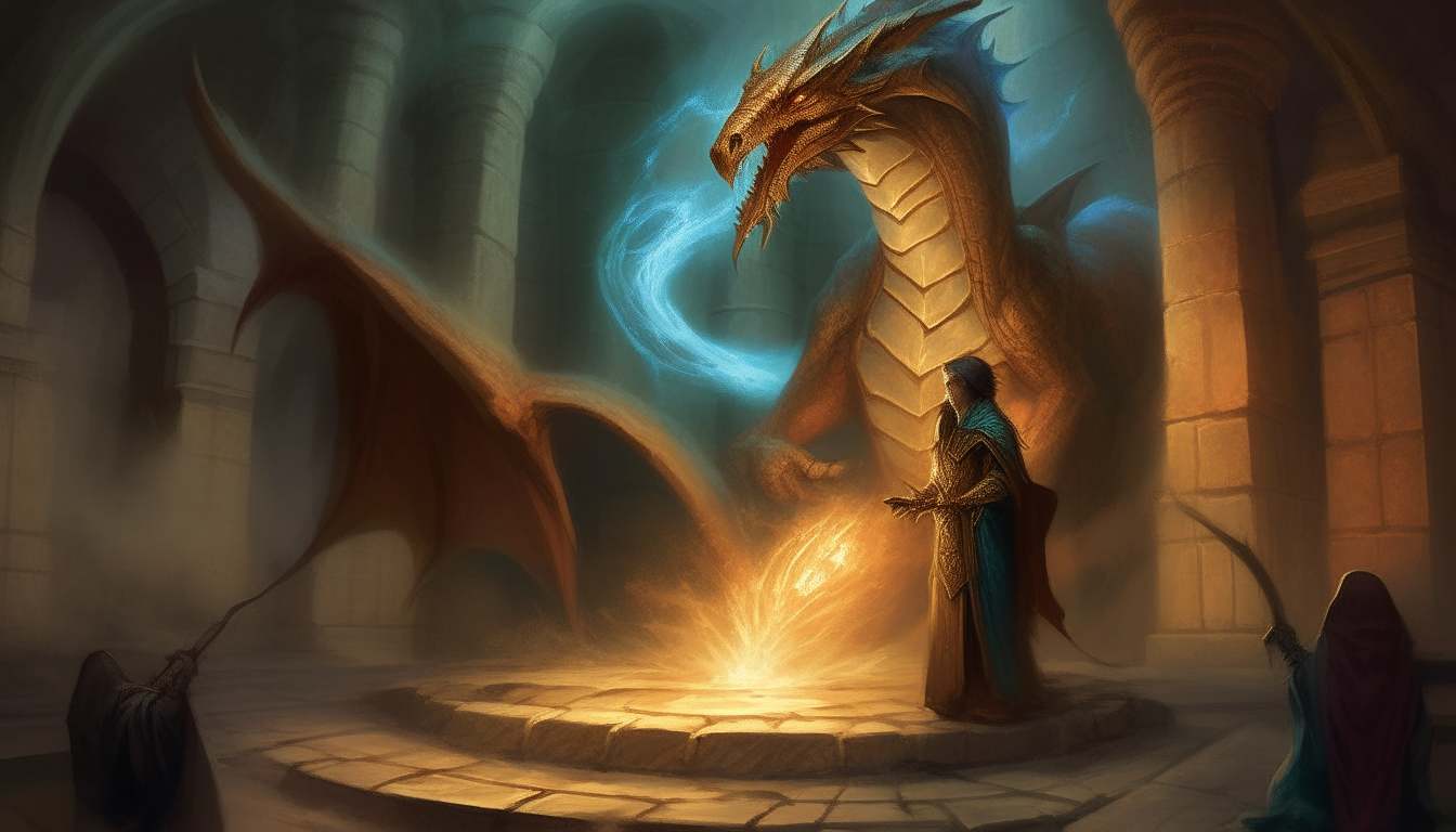 "The dragon joins him, placing a claw on the runes. Their combined touch unleashes an explosion of magic that shakes the walls of the temple."