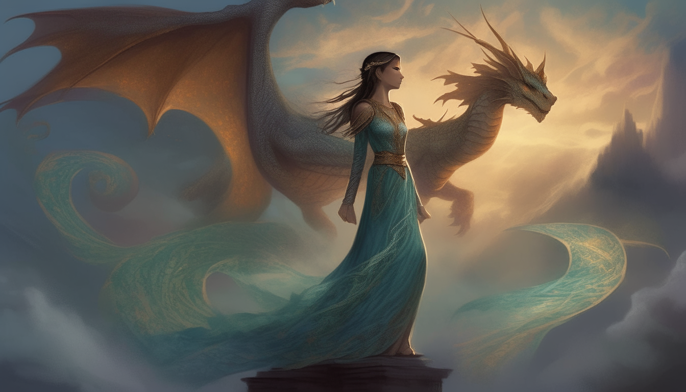 A dragon soars through magical runes that float around a woman in a flowing dress, who gazes into the distance