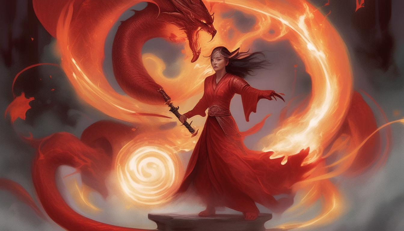 A dragon breathing a jet of magical flames charges a circle of runes floating around a woman in a red dress holding a staff