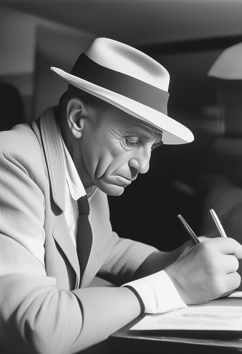 Picasso sitting at a bar, wearing a hat, writing on a napkin.