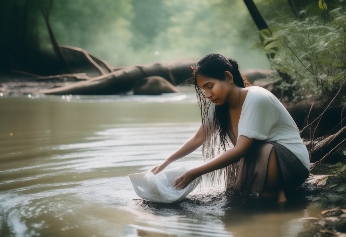 A beautiful women washing her clothes in the river