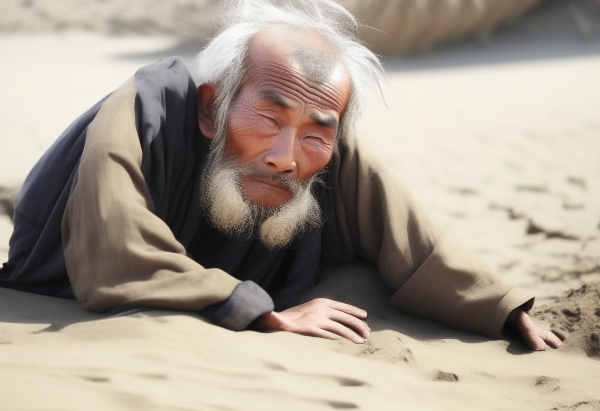 A poor homeless Korean old man lying on the sands of the river