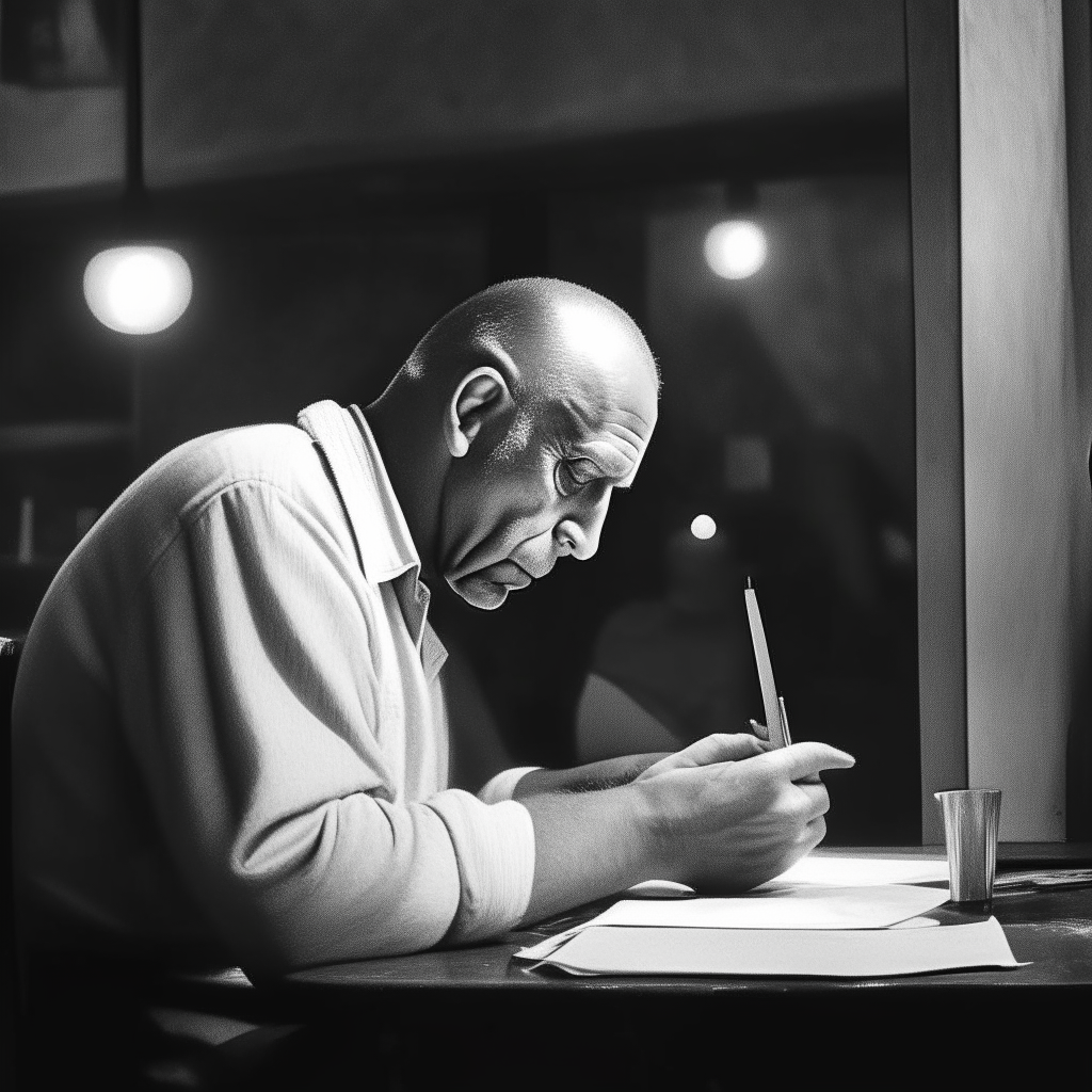 Picasso writing, seated in a bar.