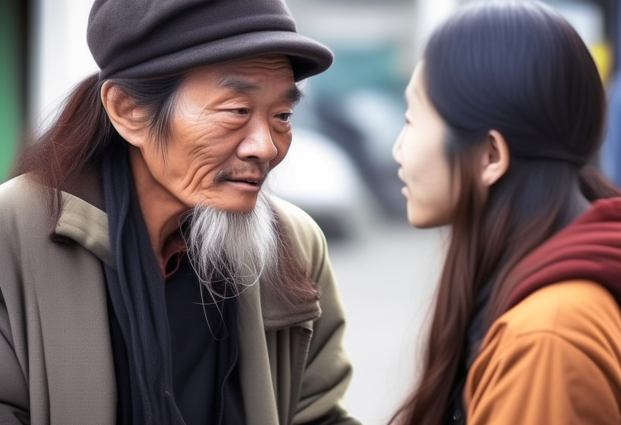 A poor homeless Korean man talking with a beautiful women