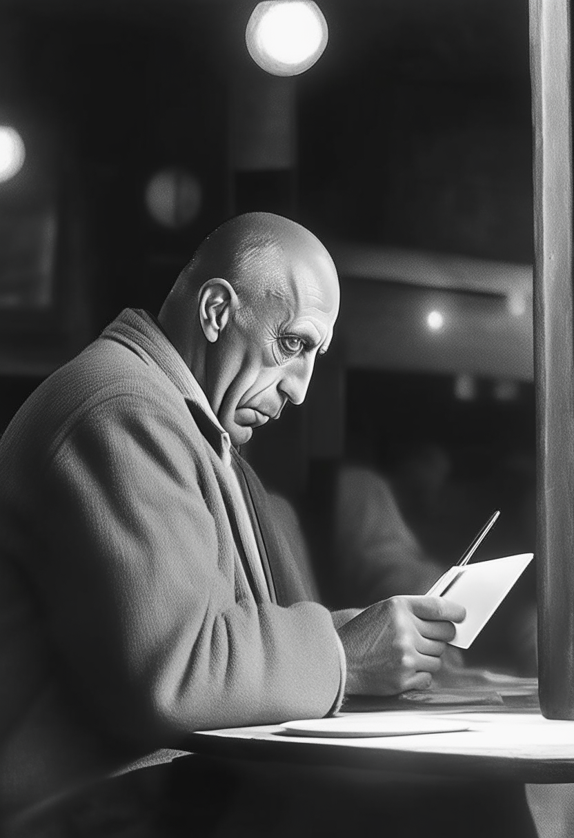 Picasso writing, seated in a bar.