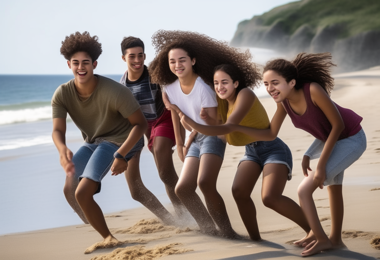 6 teenagers of mixed race playing on the shores of a beach