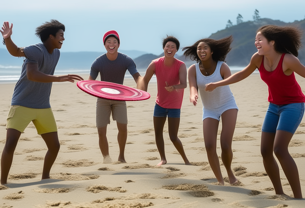 6 teenagers including African, Asian and White races playing frisbee on a beach