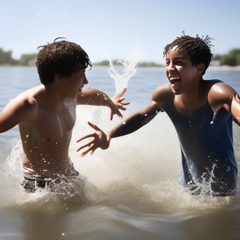 Two mixed race teenage boys having a splash fight in the shallow water