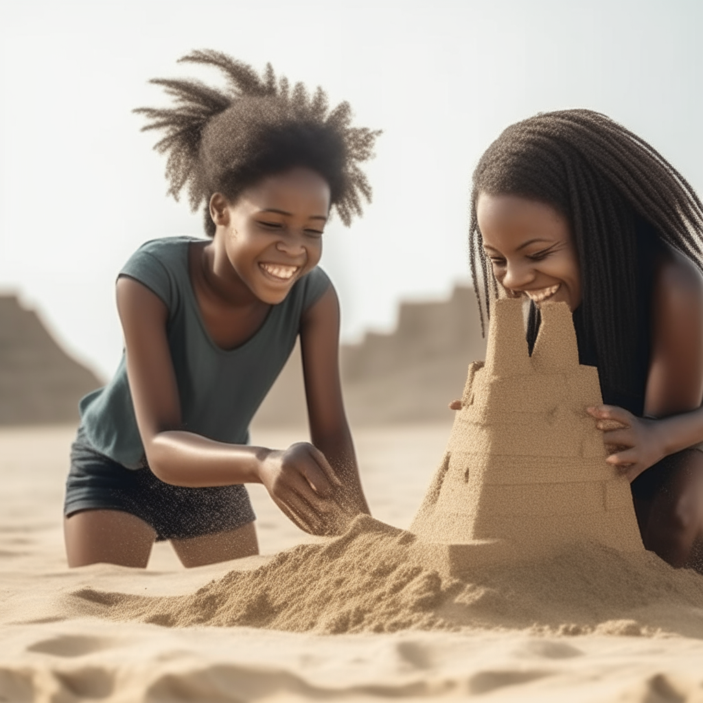 Two African teenage girls laughing while building a sandcastle