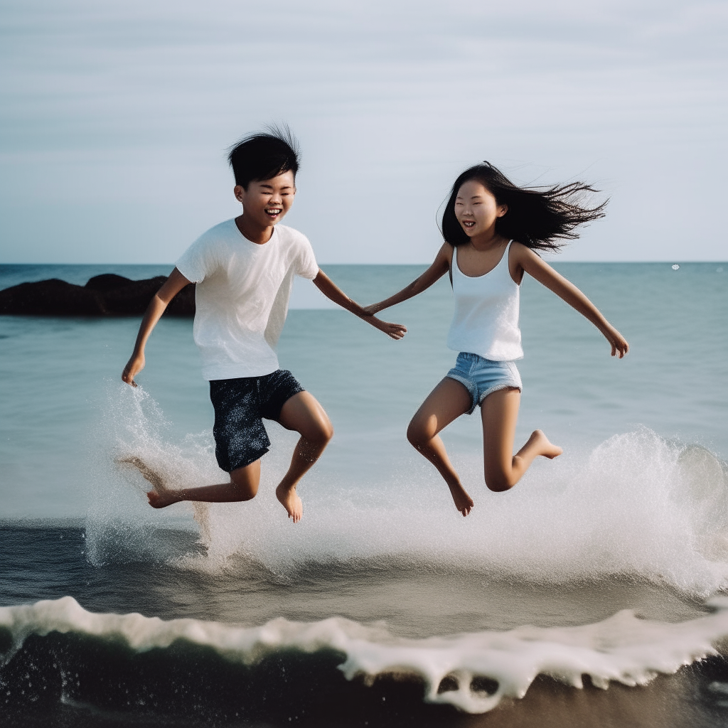 An Asian teenage boy and a White teenage girl jumping into the ocean waves