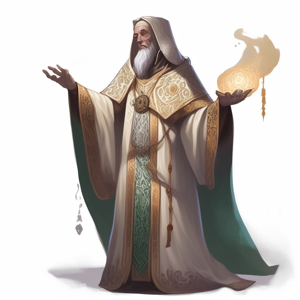 A human Cleric dressed in ornate religious robes, holding a holy symbol and casting a healing spell