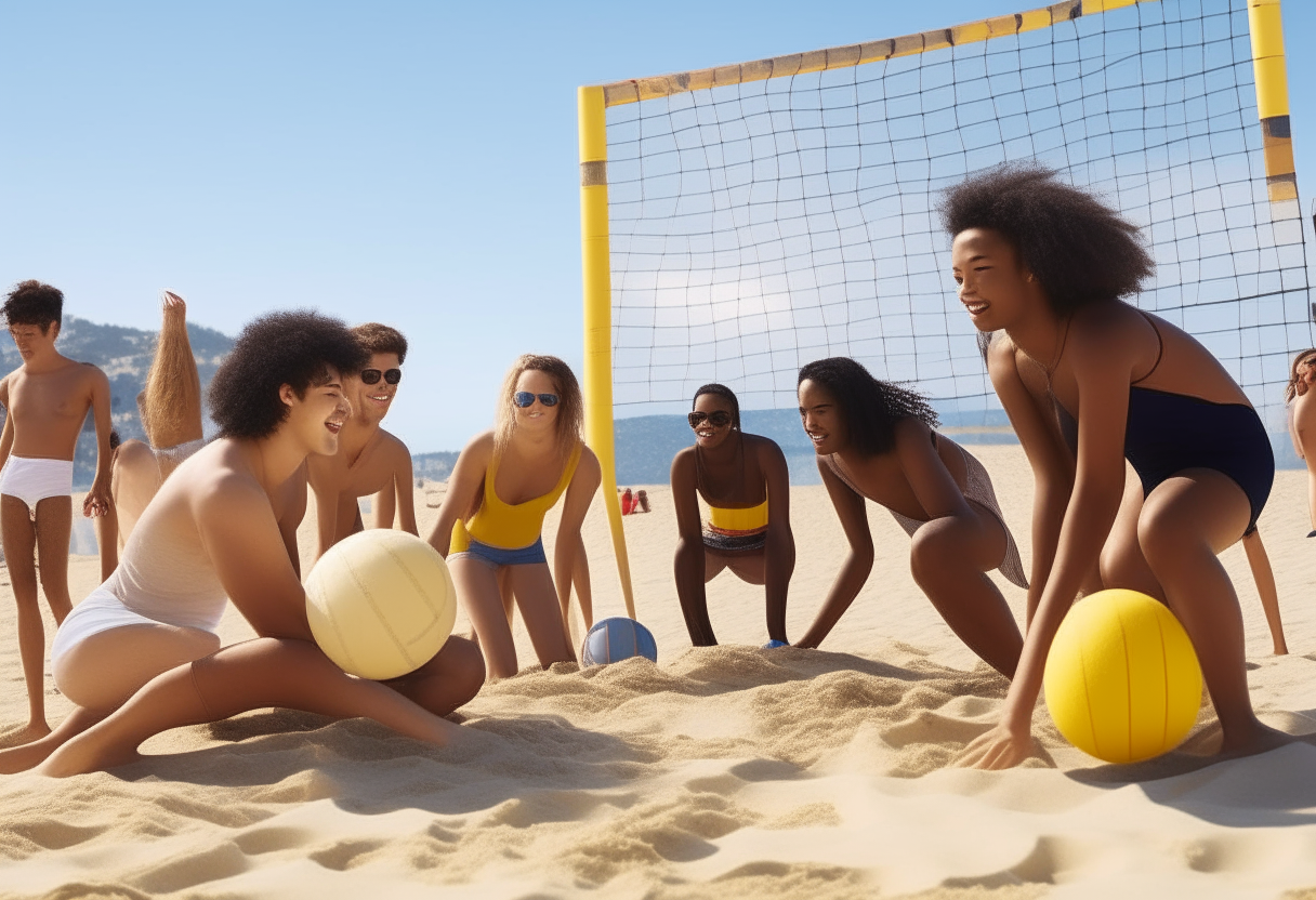 10 teenagers including African, Asian and White races playing beach volleyball and building a sandcastle on a sunny afternoon