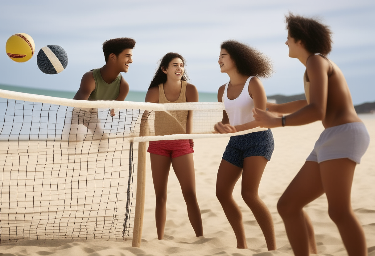 4 teenagers playing beach volleyball