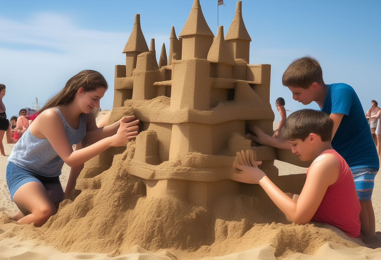 3 teenagers building a large sandcastle