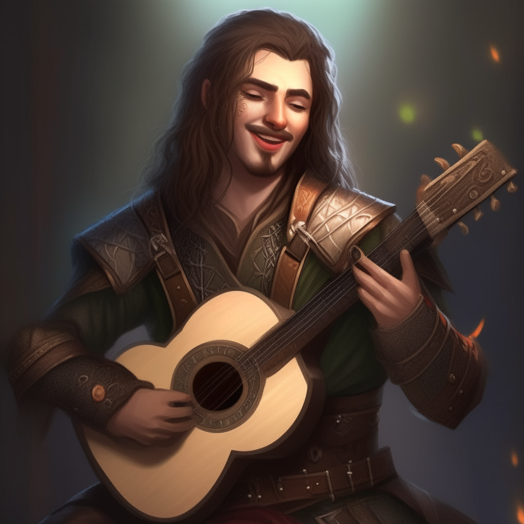 A half-elf bard wearing studded leather armor, with long brown hair and a small goatee. He is holding an acoustic guitar and has a smile on his face, ready to perform for an audience.