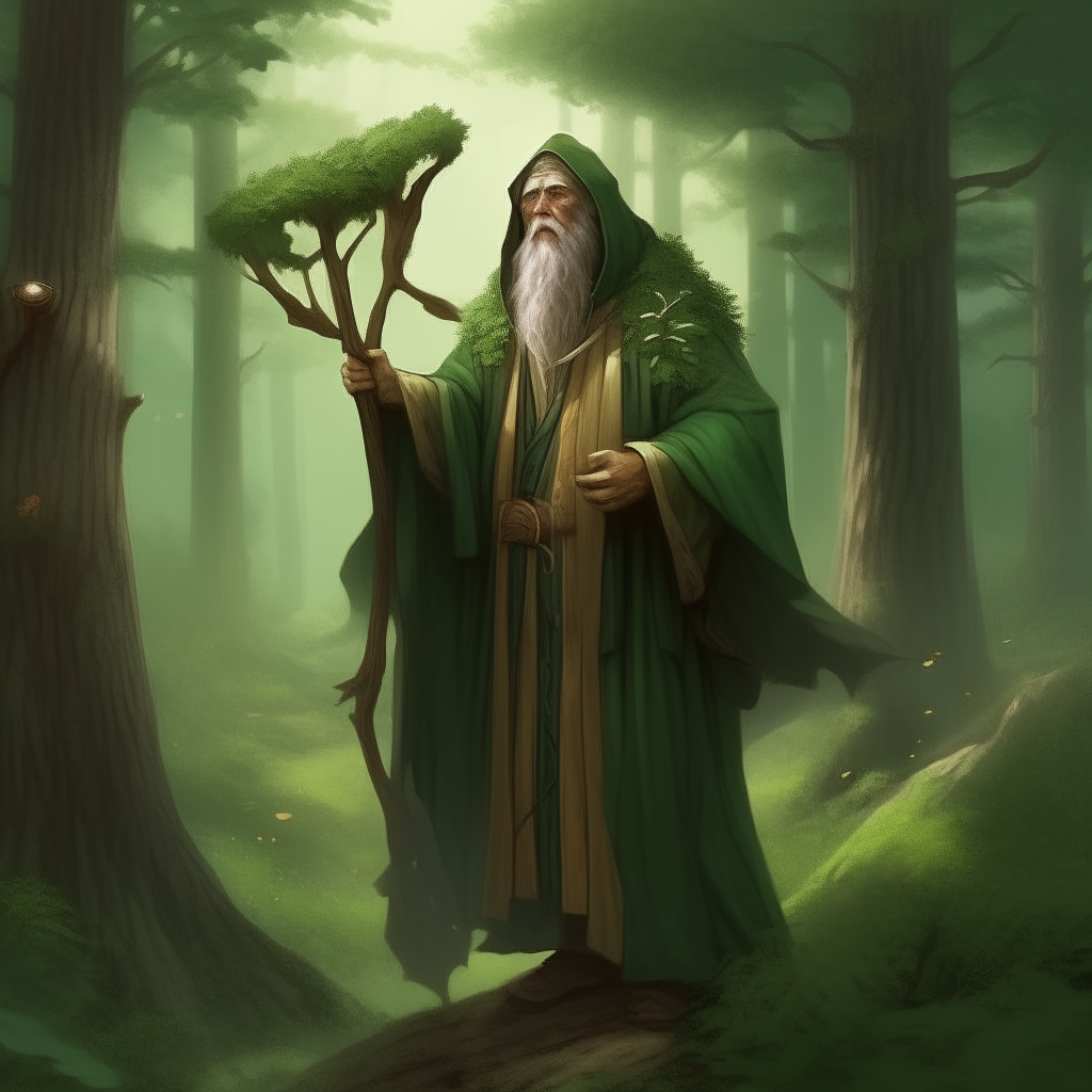 a druid wearing forest green robes, with a wooden staff and surrounded by nature
