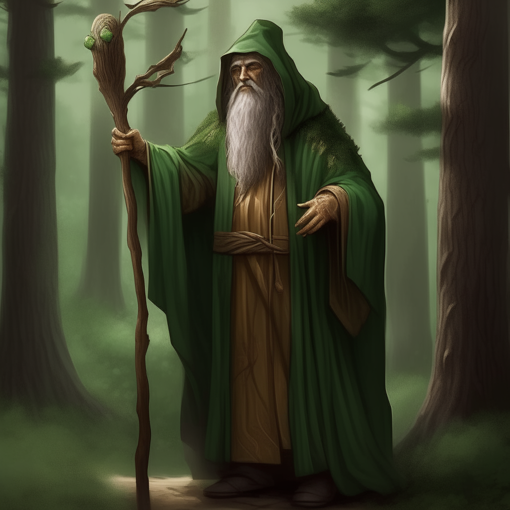 a druid wearing forest green robes, with a wooden staff
