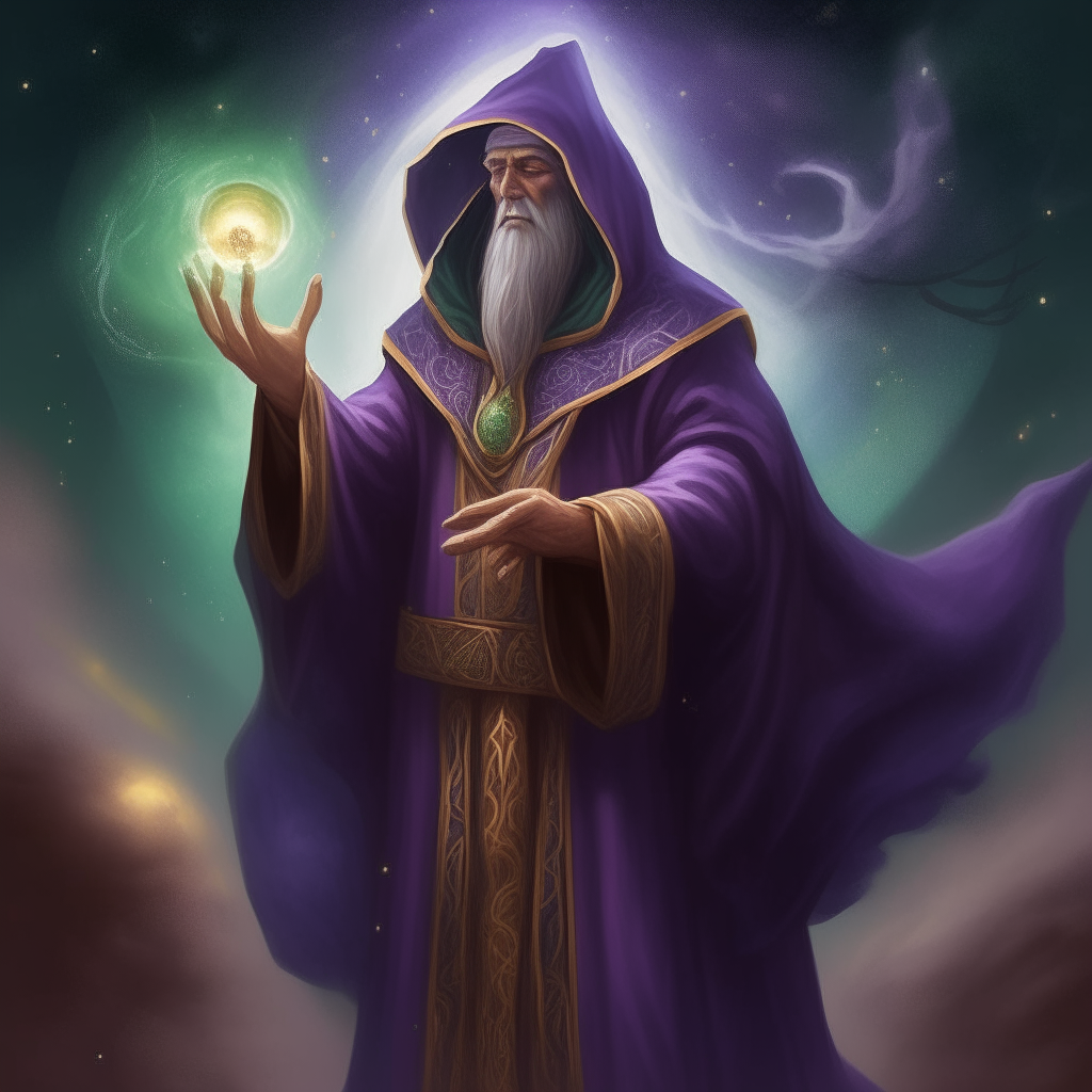 a human sorcerer wearing purple robes embroidered with stars and moons, with a staff topped with a glowing crystal ball, amidst a backdrop of nebulae in space