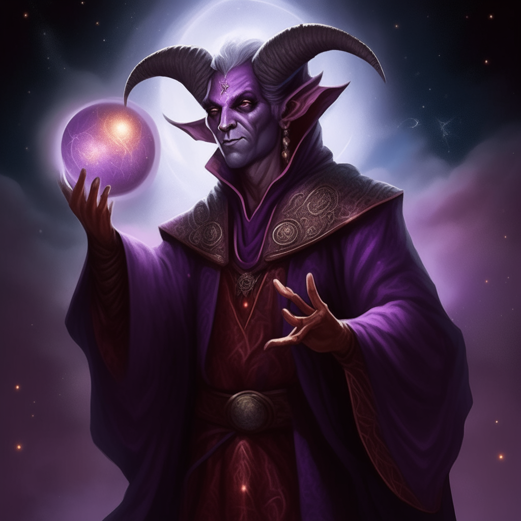a tiefling sorcerer wearing purple robes embroidered with stars and moons, with red skin and horns, holding a staff topped with a glowing crystal ball amidst a backdrop of nebulae in space