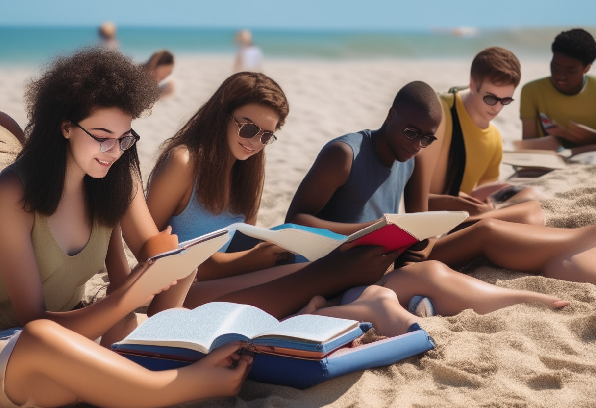 10 teenagers of African, Asian and European descent relaxing in the sun on a beach, some reading books or using phones while others nap or chat