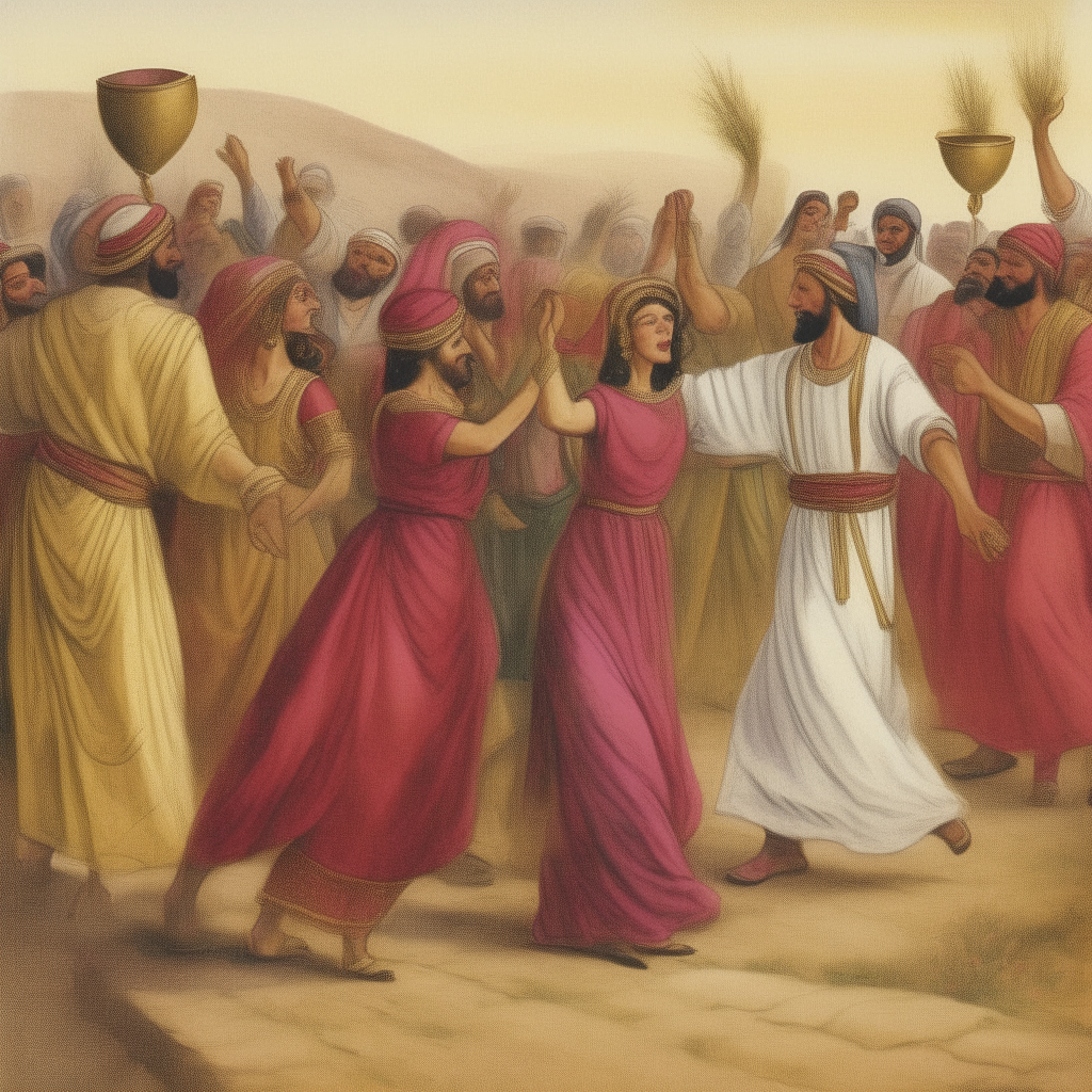 Israelites marriage  ceremony, wine drinking and dancing