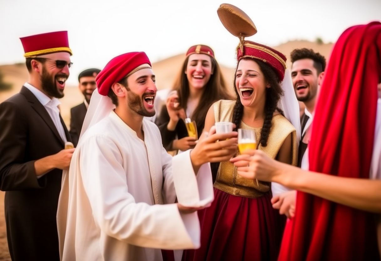 Israelites marriage  ceremony, wine drinking and dancing