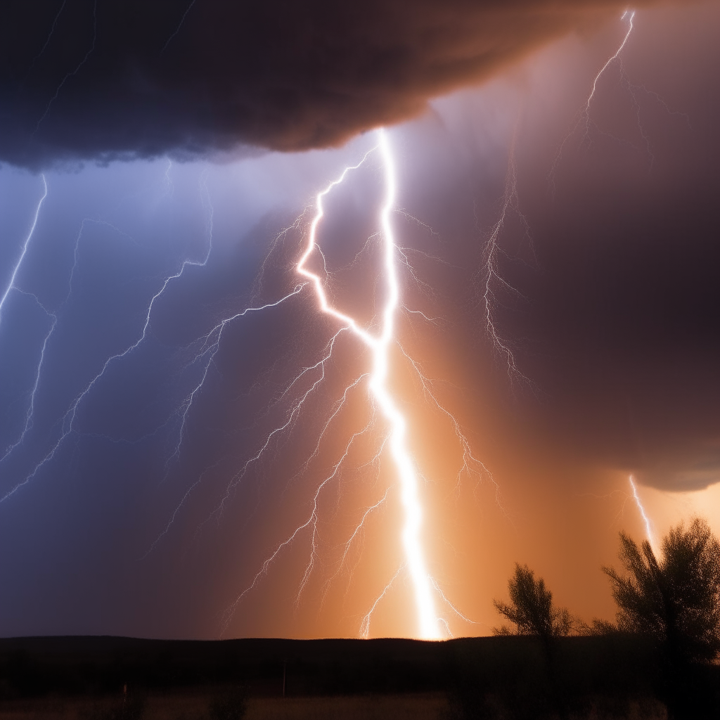 A bolt of lightning flashes, illuminating the sky