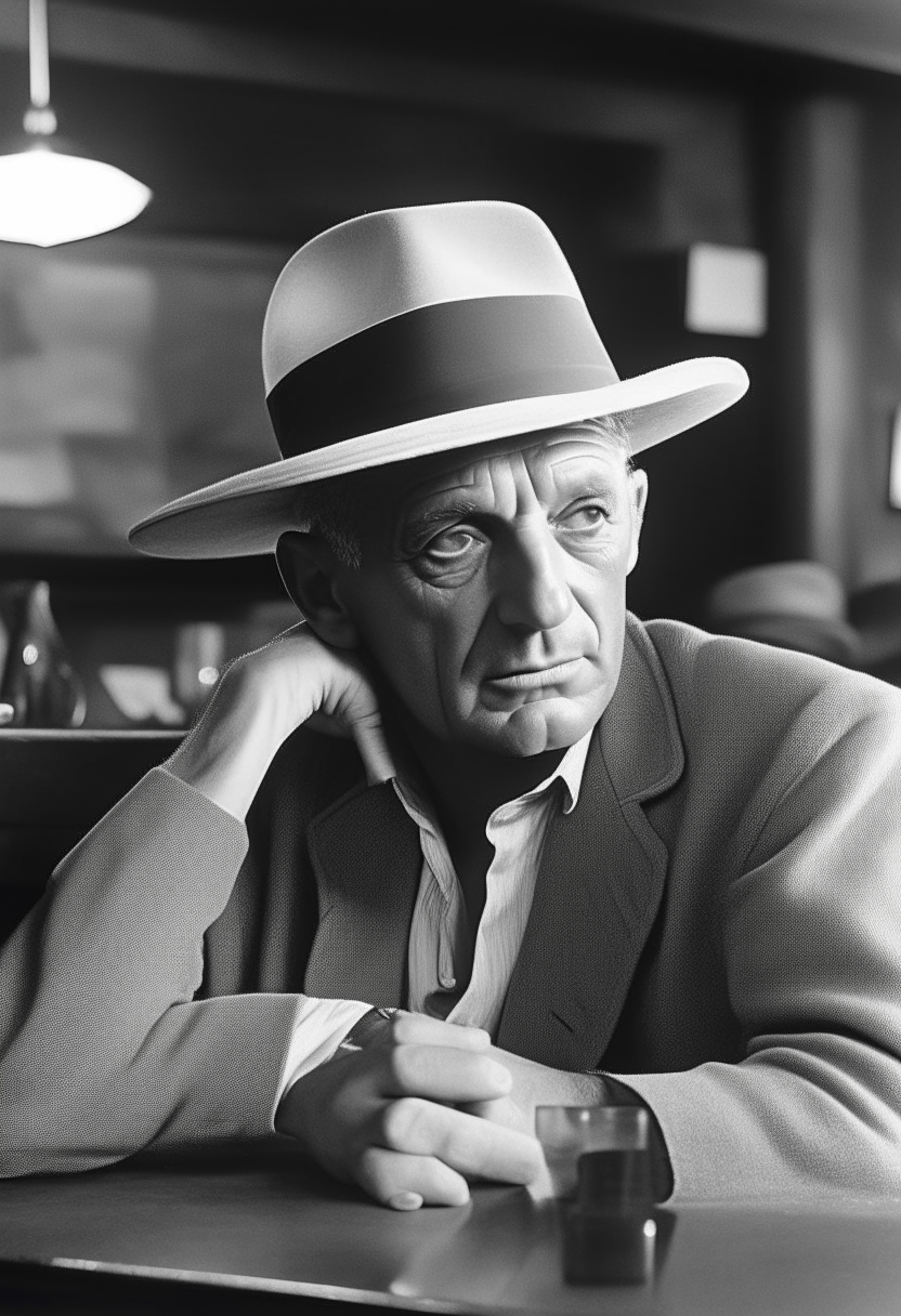 Picasso in a hat sitting at a bar