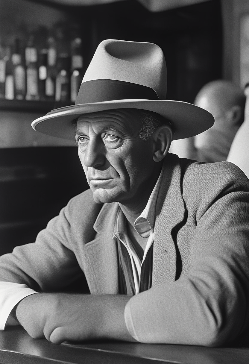 Picasso in a hat sitting at a bar