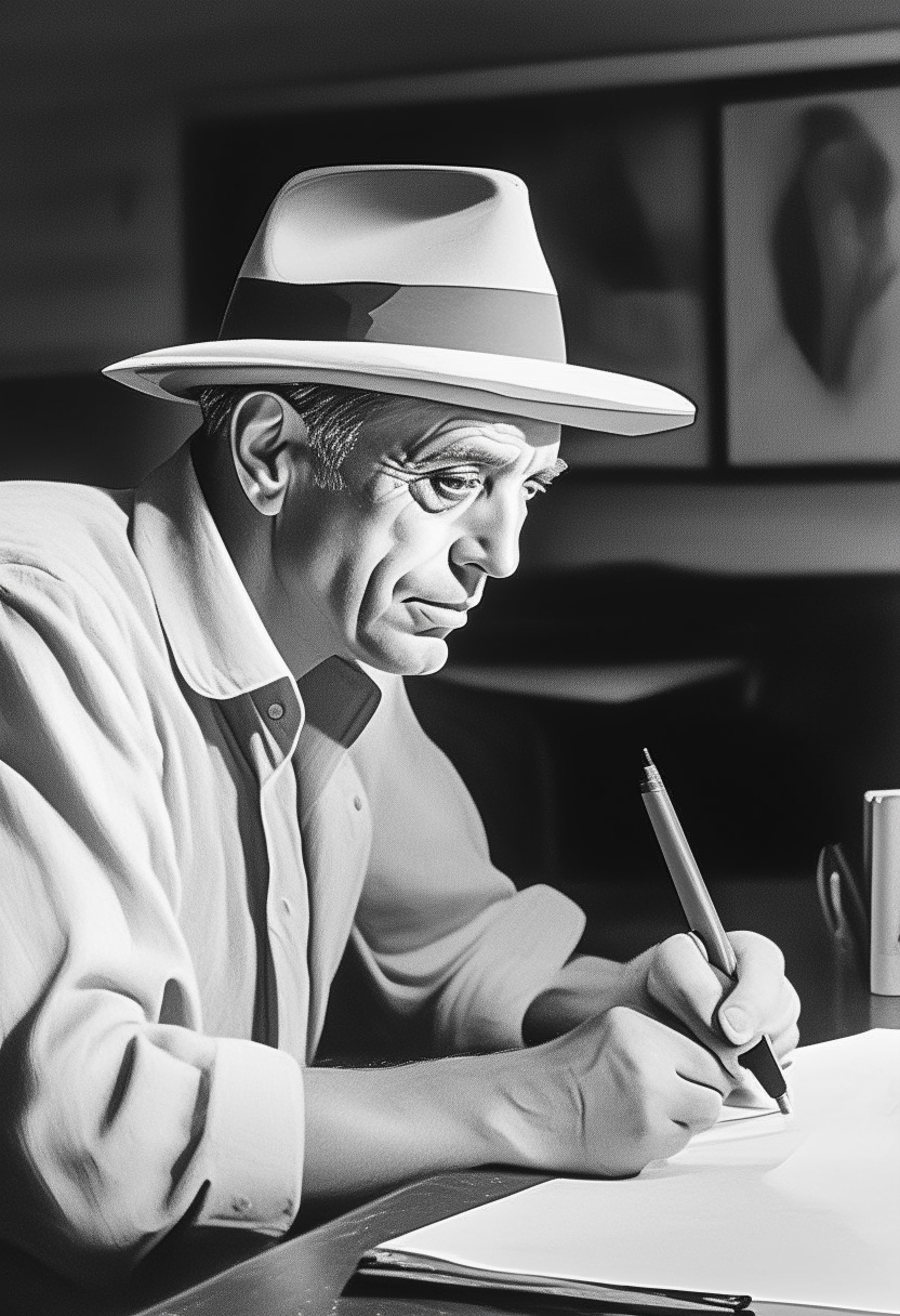 Picasso in a hat, sitting at a bar, drawing on a paper.