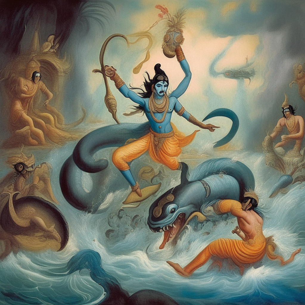 lord krishna fighting sea monster 