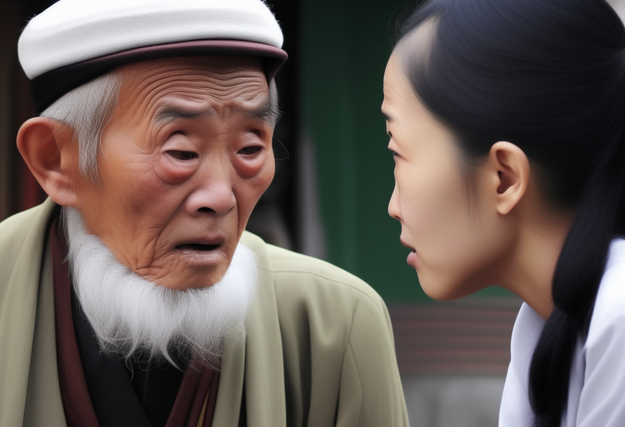 An Korean old man talking angry to a beautiful lady