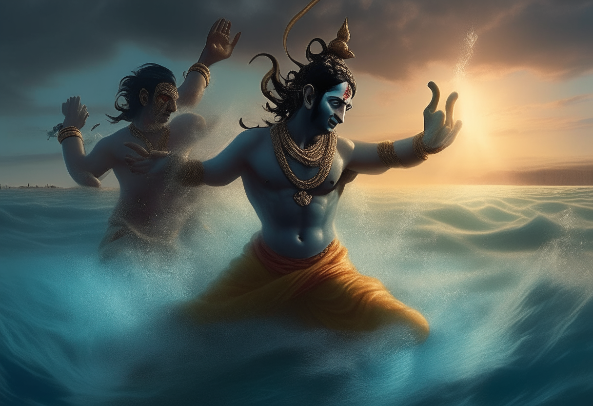 a photorealistic portrait of Lord Krishna fighting two demons underwater at dusk, set in the ocean with realistic lighting and surroundings